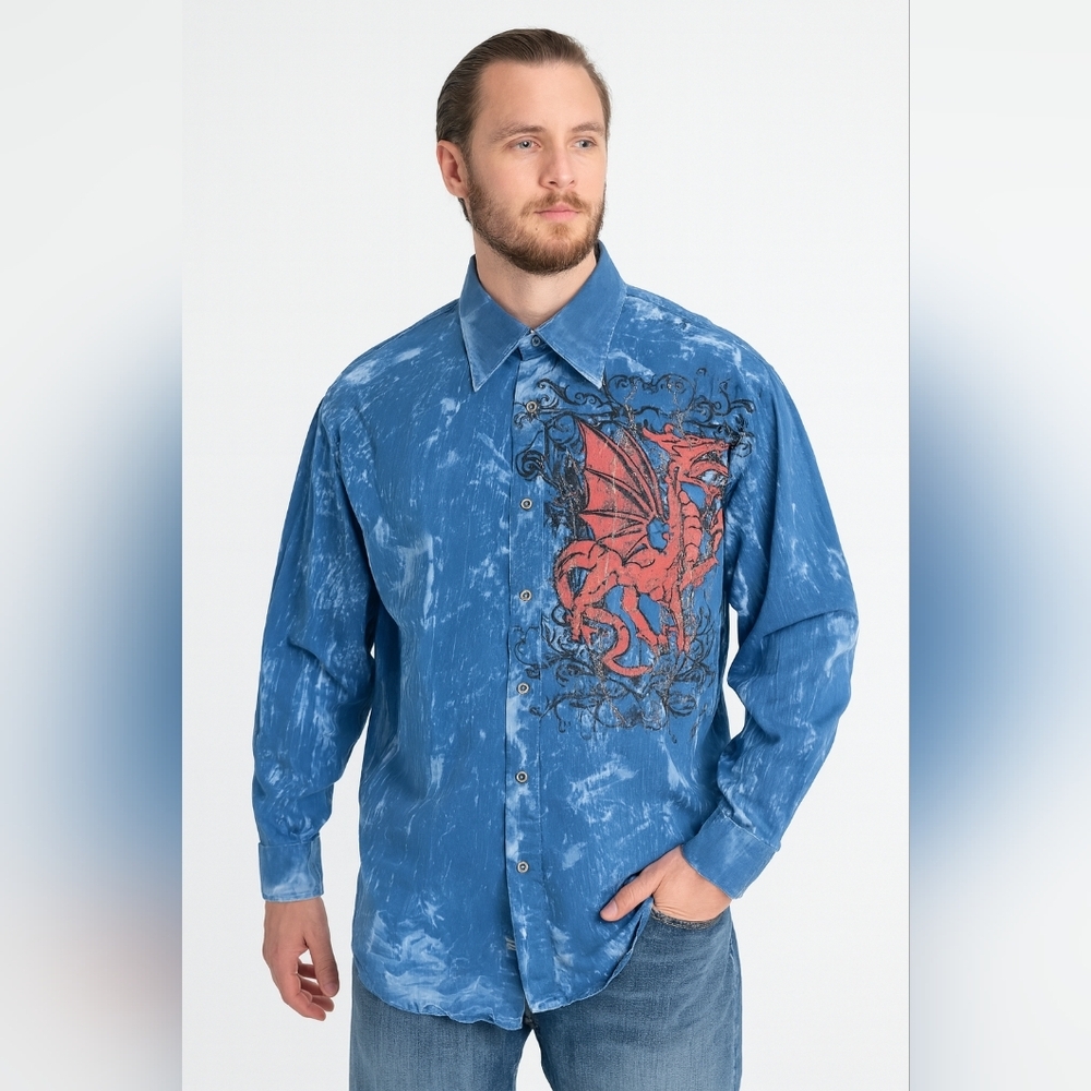 Doramafi Blue Button-Up Shirt with Red Dragon Design Size L